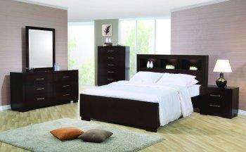 Cappuccino Finish Contemporary Bedroom W/Headboard Lights Detail