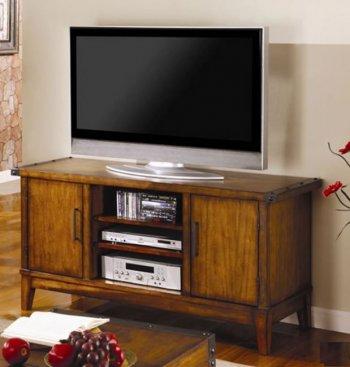 Brown Finish Transitional Style TV Stand W/Decorative Metal Top
