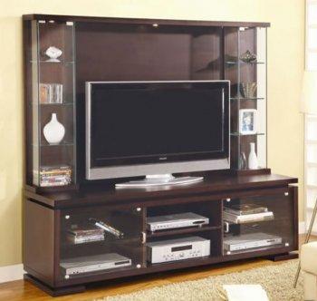 Contemporary Cappuccino Finish TV Console w/Glass Piers & Lights