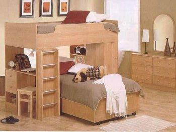 Natural Oak Finish Kids Contemporary Loft Bed with Study Desk