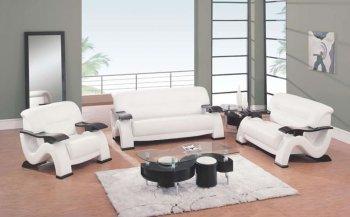 Modern White Leather Living Room W/Cappuccino Finish Arms