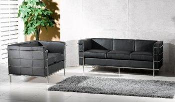 Le Corbusier Style Grande Sofa & Loveseat Set in Black Leather