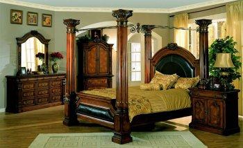 Chestnut Finish Traditional Bedroom W/Leather Details & Posters