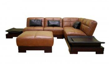 Brown Full Leather Modern Sectional Sofa W/Built in Side Tables