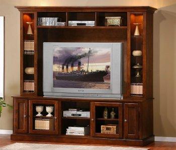 Merlot Oak Finish Classic Wall Unit W/Glass Doors & Lights