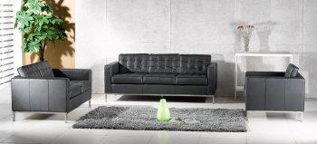 Button Tufted Grande Black Full Leather Sofa, Loveseat & Chair